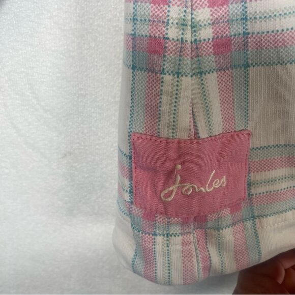 Joules Plaid Pink White Teal Long Sleeve Stand Up Collar 1/4 Button Up Size 8 - Picture 10 of 15